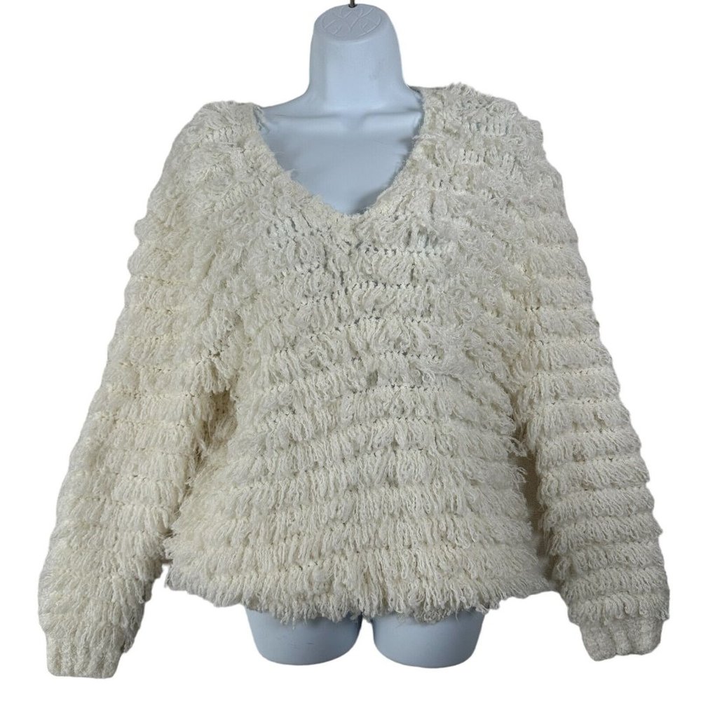 Vintage Carducci Fuzzy Sweater Womens Large Ivory‎ Long Sleeve Chunky Vneck